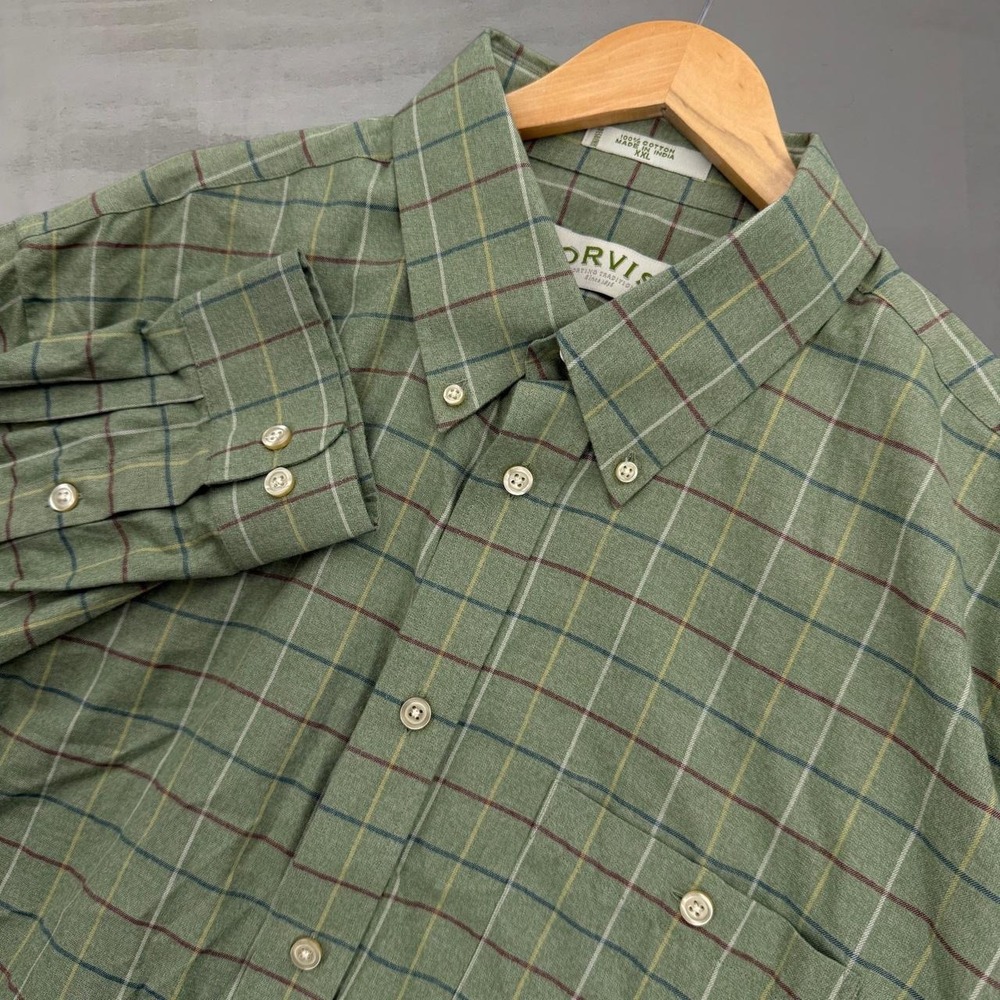 Orvis Button Down Shirt Green Plaid Long Sleeve Cotton Collared XXL